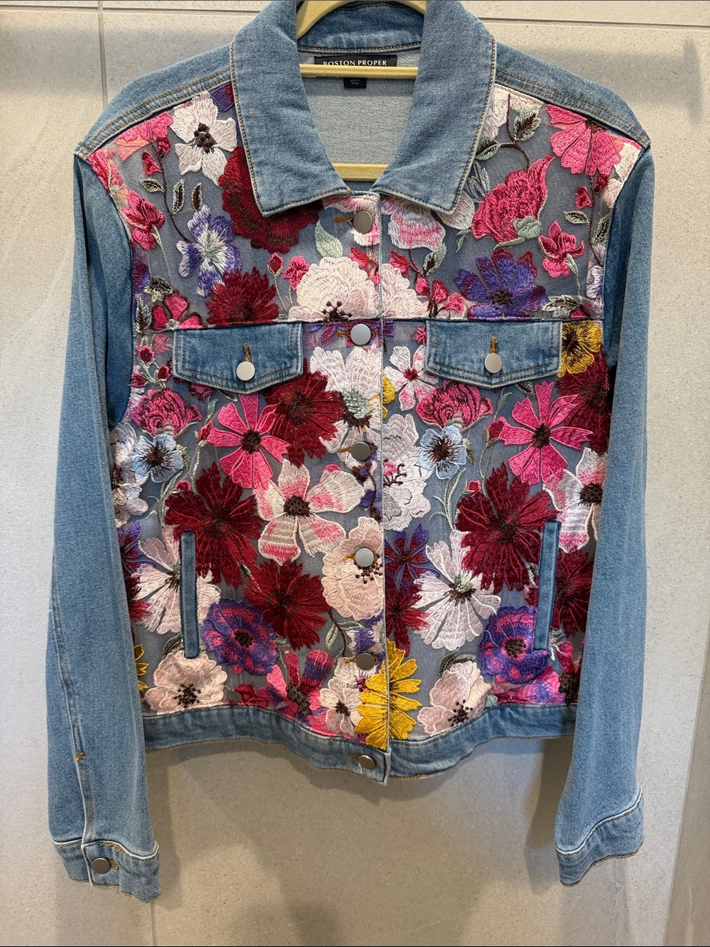 Boston Proper Embroidered Floral Denim Jacket in Pink, Red, Purple & Yellow